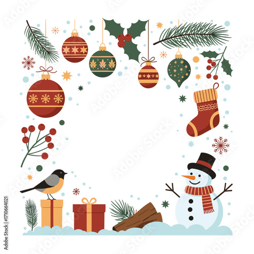 A charming festive winter scene filled with holiday decorations and woodland creatures.