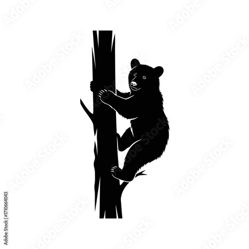 Black bear cub climbing a tree trunk silhouette