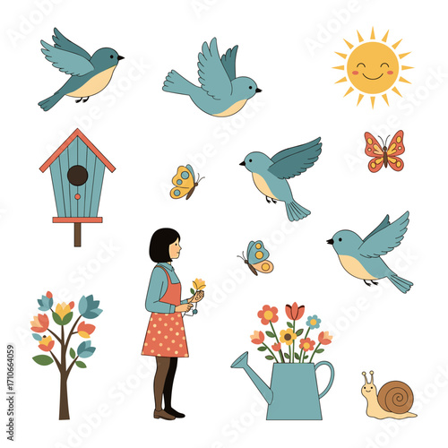 A charming spring scene featuring birds butterflies a birdhouse a woman with flowers a watering can and a snail.