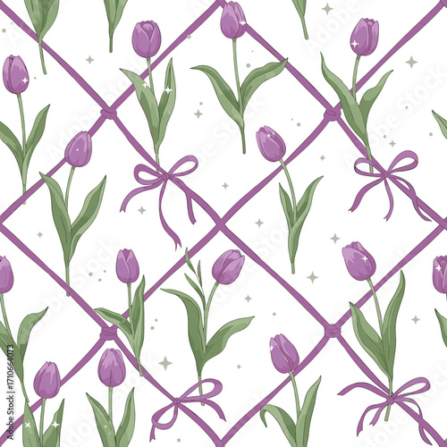 Delicate purple tulips adorn a lattice of soft ribbon and scattered sparkles creating a charming spring floral pattern.