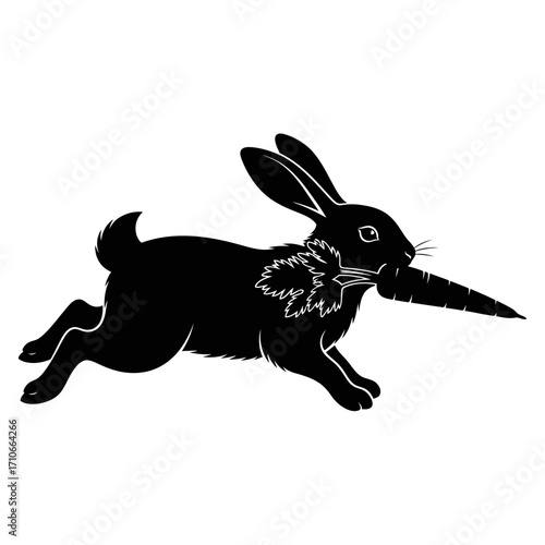 Black silhouette of a rabbit running with a carrot in its mouth