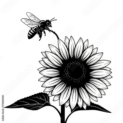 Black and white illustration of a bee on a sunflower