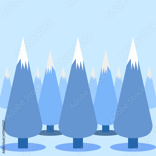 Minimal Winter Forest with Snowy Peaks Vector Illustration. Flat vector illustration of a stylized winter landscape with snowy mountains and abstract conifer trees.