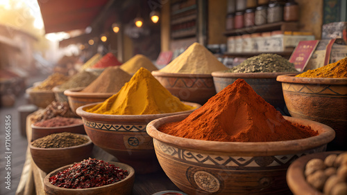 Fototapeta Naklejka Na Ścianę i Meble -  Vibrant spice market stall displays colorful powders turmeric paprika saffron exotic aromas