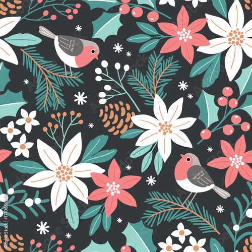 Seamless vector pattern with cute robin on winter floral background. Hand drawn Christmas foliage with poinsettia, berry and pine branch. Perfect for textile, wallpaper or nursery print design. EPS10 