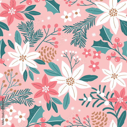 Seamless vector pattern with hand drawn Christmas foliage. Winter flora design with poinsettia, berry and pine branch. Perfect for textile, wallpaper or nursery print design. EPS10 vector file.