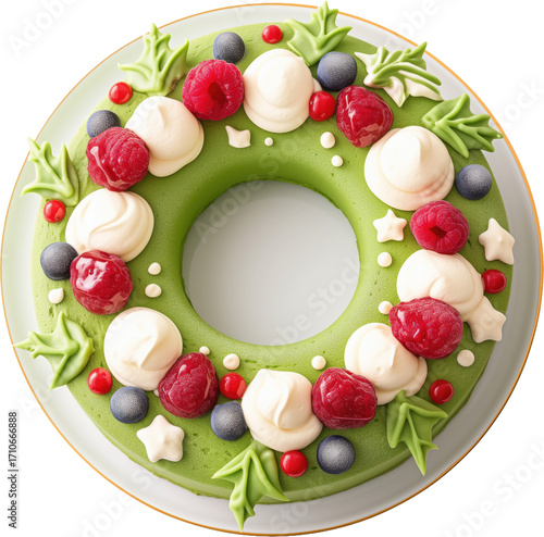 Pistachio chocolate wreath cake with berries and cream decoration