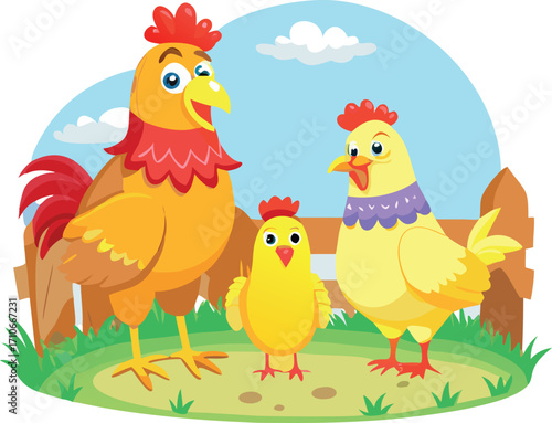 Happy chicken family on the farm, a cartoon illustration of a rooster, hen, and chick.