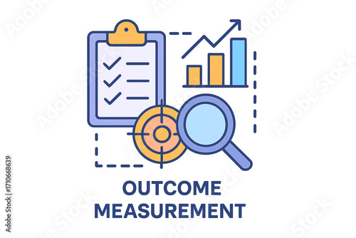 Outcome measurement illustration with chart, clipboard, and magnifying glass outcome measurement layout