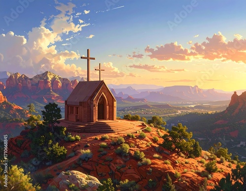 Sunset Serenity Over a Desert Chapel