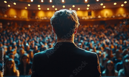 A speaker addressing a large audience in a theater