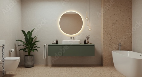 Fotografie A minimalist bathroom with a green vanity and terrazzo floor.