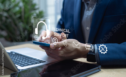 Konstfotografi Digital customer support concept with 24/7 service and multichannel tools like chatbot, email, and phone for software as a service businesses, IT helpdesks, and online service providers