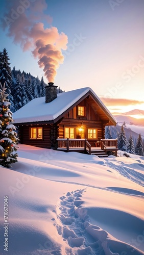 Cozy Log Cabin Surrounded by Snowy Pine Trees at Sunset