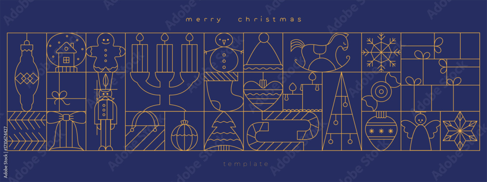 Fototapeta premium Merry Christmas art deco banner, card, box, package decoration. Thin line luxury print, design, vector background. Simple icons