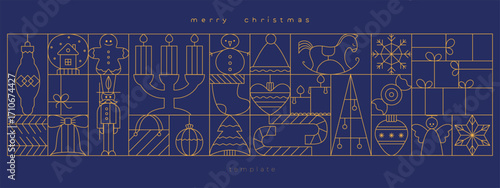 Merry Christmas art deco banner, card, box, package decoration. Thin line luxury print, design, vector background. Simple icons