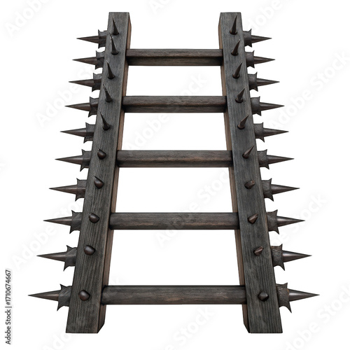 A menacing medieval spiked ladder constructed from dark wood and metal isolated on transparent background