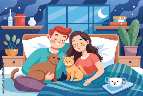 Vector art of a cozy illustration of a couple sleeping with their pets, a dog and a cat, in a bedroom at night