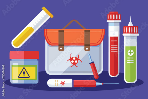 Vector art of biohazard medical kit with test tubes, vials, and syringes for laboratory research illustration