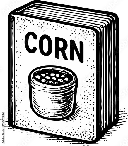Vintage Corn Oil Book Jar Kernels Vector Line Art Sketch