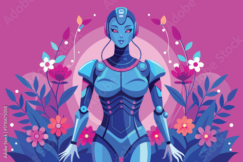 Illustration of a futuristic female robot surrounded by colorful flowers on a pink background, vector art