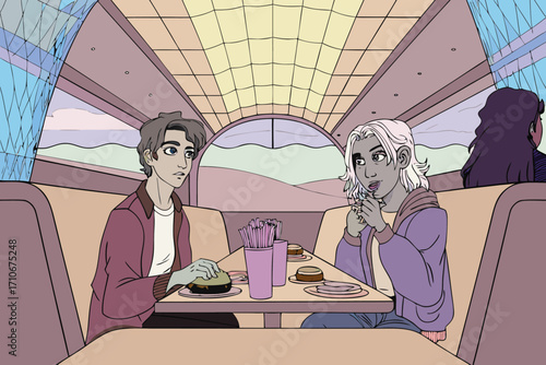 Illustration of two young people eating in a retro diner car with a desert landscape view, vector art