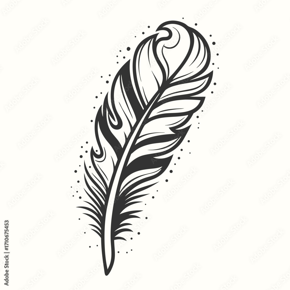 Obraz premium Elegant vintage feather line art with decorative dots creates a unique bohemian aesthetic