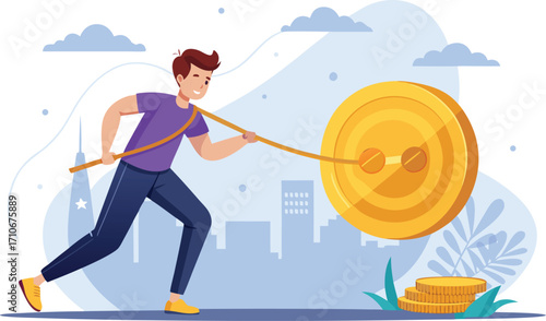 Vector art of determined man chasing a giant coin with a fishing rod, symbolizing financial pursuit and entrepreneurial spirit