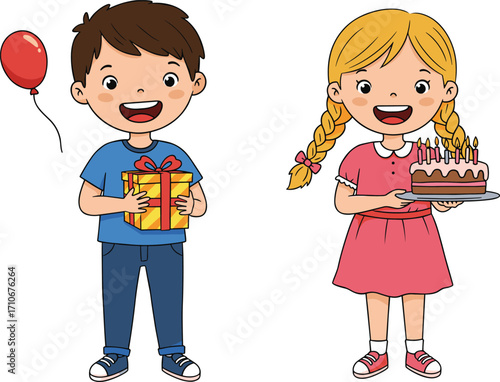 Cartoon children celebrating birthday, boy holding gift box and balloon, girl with birthday cake, smiling faces, fun party vector