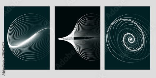 Futuristic abstract geometric wave spiral vortex line art for poster, flyer, banner, background template – modern glowing curves, optical illusion swirl design, minimal sci-fi artistic pattern