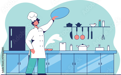 Chef tossing pizza dough in a modern kitchen