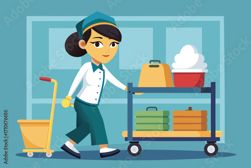maid, hotel, cart, luggage, cleaning, supply, corridor, woman, uniform, service, job, occupation, professional, housekeeping, room, cleaner, housekeeper, employee, staff, worker, work, career, industr