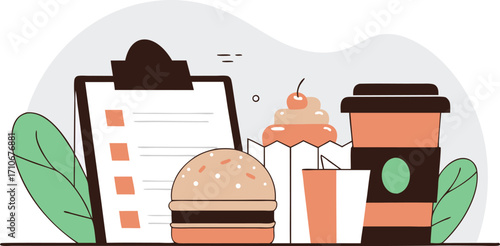 Fast Food Order Checklist with Burger, Cupcake, and Drink