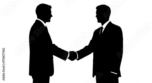 Two businessmen shaking hands silhouette isolated on white background