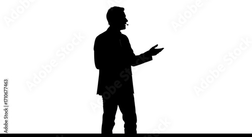 Man in suit speaking with microphone silhouette isolated on white background
