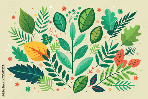 Vector art of a vibrant collection of diverse leaves, showcasing natures beauty and botanical variety in a colorful arrangement