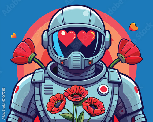 Vector art of a charming robot astronaut adorned with vibrant red flowers, heart eyes, and a colorful rainbow backdrop illustration