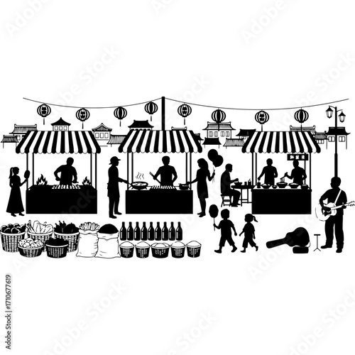 A lively black and white vector illustration of a bustling street market or festival. The scene depicts numerous vendor stalls with awnings, people buying and selling food and goods, and traditional l