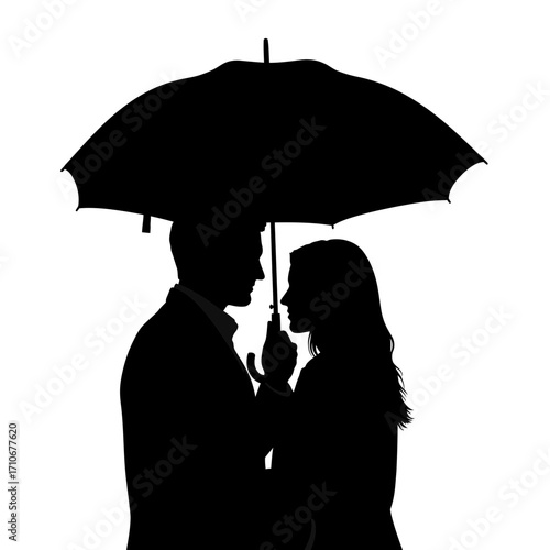 Couple sharing an umbrella silhouette isolated on white background