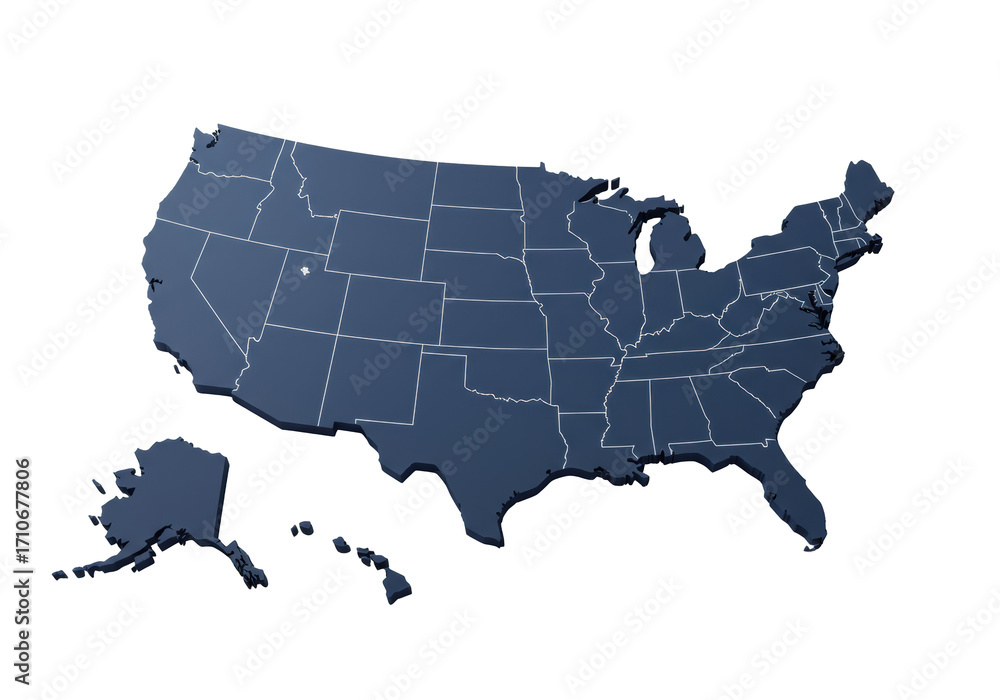 Fototapeta premium A pristine, minimalist map of the contiguous united states in matte dark blue with transparent borders, isolated on a solid transparent background with negative space. Concept of sophisticated