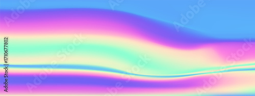 Iridescent gradient bg with hologram rainbow effect and blue pink color pattern. Dreamy pearl chrome textures or opalescent foil waves for girly designs. 3D aurora shines or multi color space skies.