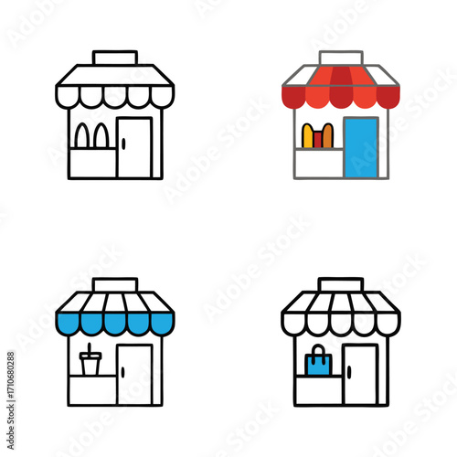 Four different store icons each showing different retail items inside