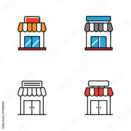 Four isolated store icons show different colored awnings and designs