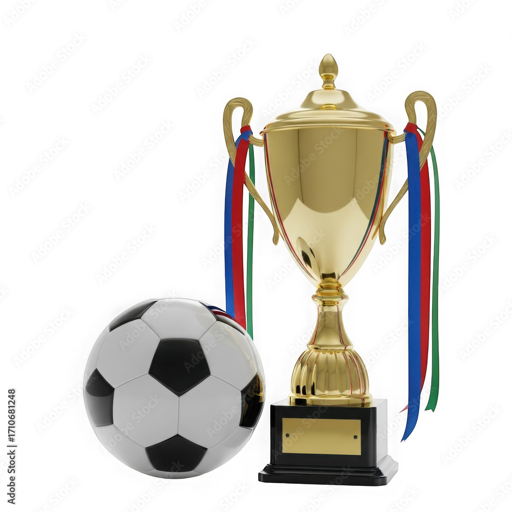 Fototapeta premium 3d golden soccer trophy with football championship ribbons isolated on transparent background
