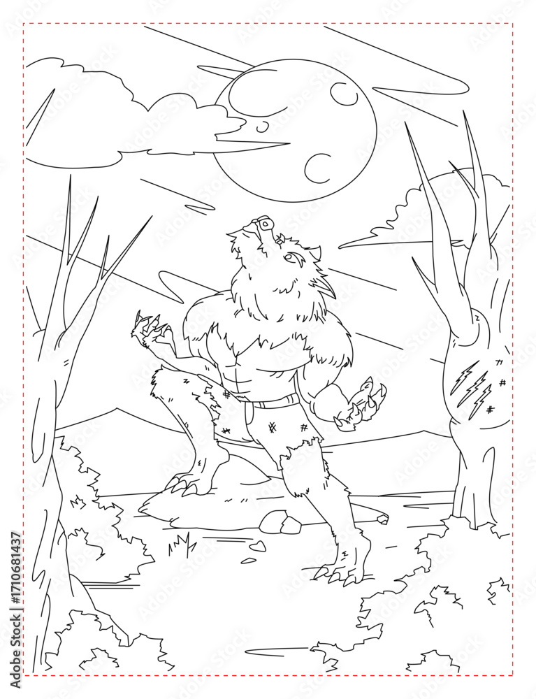 Fototapeta premium Majestic Wolf in a Forest Coloring Page: A Detailed Nature Scene