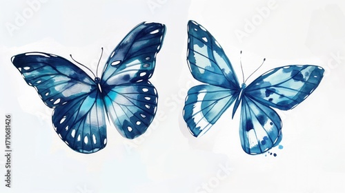 two blue butterflies painted in watercolor delicate wings with translucent patterns on white background, airy feeling, light splashes, copyspace, concept of education, decor, stationery