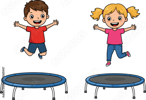 Cartoon illustration of happy children jumping on trampolines, boy and girl playing together with energy, fun, laughter, and excitement