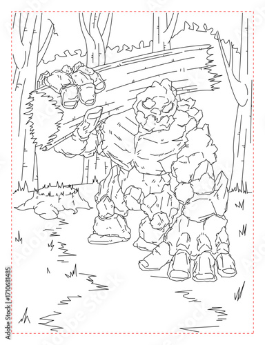 Rock Golem in a Fantasy Setting Coloring Page: A Mythical Stone Creature