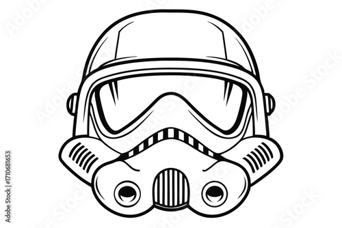 Front view displays a stylized trooper helmet with bold line work