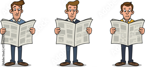 Cartoon man reading newspaper, daily news, serious expression, news reader, information concept, media consumption, current events, reading habit